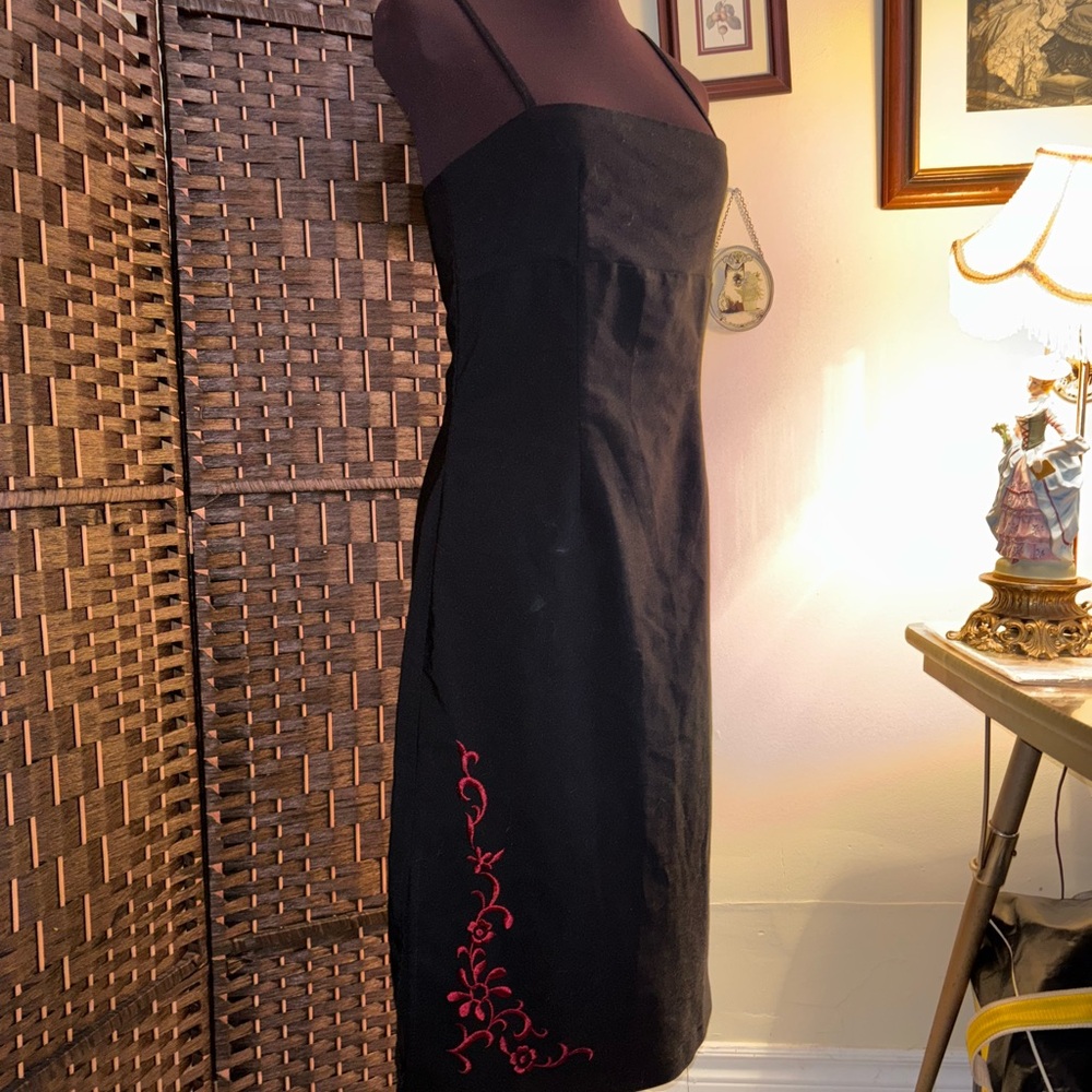 Vintage 90s Black Midi Dress with Red Embroidery